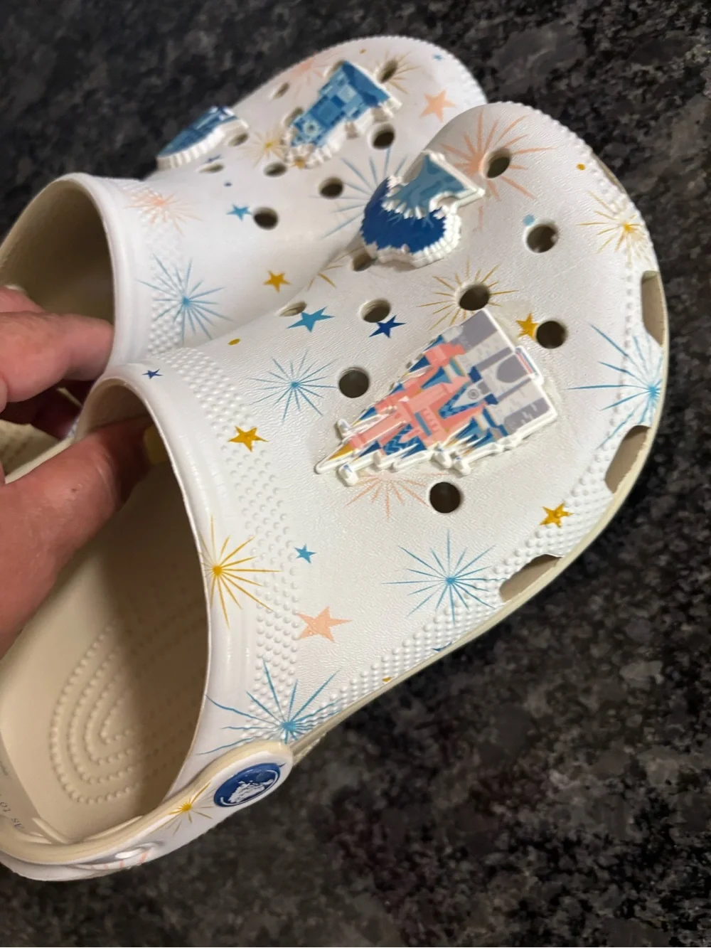 Size 6  White Sparkle Theme Clog Shoes with Blue Accents